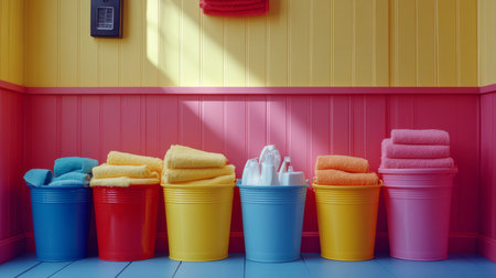 A yellow mop sits beside a bright bucket filled with cleaning solution, with bottles of detergent nearby. The setting is a damp, tiled room illuminated by soft artificial light.の素材