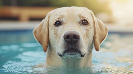 A golden retriever enjoys a refreshing swim in a backyard pool. Bright sunlight shines down, creating a cheerful atmosphere filled with water splashes and green surroundings.の素材