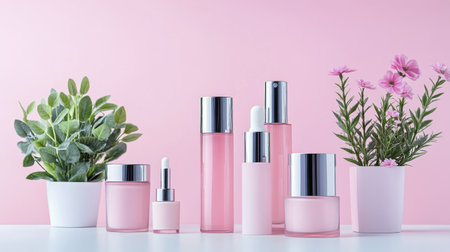 A collection of contemporary cosmetic products arranged aesthetically on a white surface.の素材