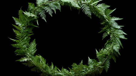 A circular wreath made from vibrant green ferns decorates a plain white wall, adding a fresh touch suitable for spring or summer. The arrangement highlights the natural beauty of the foliage.の素材