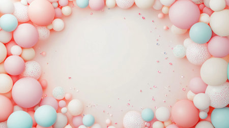A cluster of colorful balloons, including pink, white, and blue, rises against a soft pink background filled with confetti. The festive atmosphere suggests a celebration or special occasion.の素材