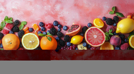 A vibrant display of fresh fruits such as oranges, lemons, and berries is arranged beautifully on a pink hued surface. The fruits showcase their bright colors, enhancing the cheerful atmosphere.の素材