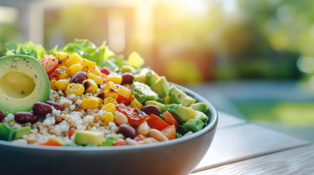 A bowl is filled with vibrant vegetables, grains, and greens, showing fresh ingredients. The dish features avocado, beans, quinoa, and herbs, presented attractively on a wooden table.の素材