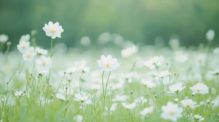 A vibrant collection of wildflowers showcases daisies alongside pastel colored blossoms under bright sunlight. The scene captures the beauty of nature in full bloom during spring.の素材