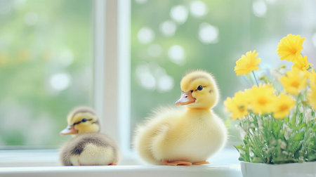 Three baby ducklings paddle happily in a shallow pond, splashing water playfully. Vibrant flowers bloom around them, creating a cheerful and sunny atmosphere on a warm day.の素材