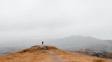 A climber ascends a snowy mountain peak dressed in bright orange gear, showing perseverance and determination. The clear blue sky enhances the breathtaking view of the surrounding peaks.の素材
