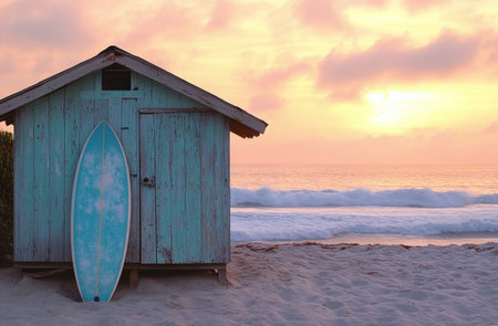 The vibrant turquoise hut with wooden stilts sits by the beach, accompanied by a blue surfboard. Beautiful golden light illuminates the surrounding cliffs during sunset.の素材
