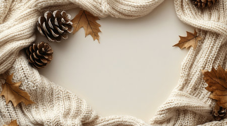 A warm knitted scarf drapes gently, accompanied by pinecones and dried autumn leaves, creating a cozy, seasonal atmosphere. The neutral background enhances the texture and colors present.の素材