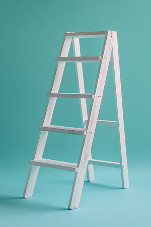 A wooden ladder with four rungs rests against a soft blue wall, adding a rustic touch to the modern interior decor. The clean lines create a calm, inviting atmosphere.の素材