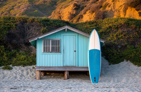 The vibrant turquoise hut with wooden stilts sits by the beach, accompanied by a blue surfboard. Beautiful golden light illuminates the surrounding cliffs during sunset.の素材