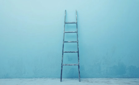 A weathered wooden ladder stands upright, leaning against a bright turquoise wall in an empty, well lit room, creating an inviting and artistic atmosphere.の素材