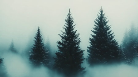 The forest is shrouded in thick fog during the early morning hours, creating a serene atmosphere. Tall trees stand silently, their trunks appearing like dark silhouettes against the mist.の素材