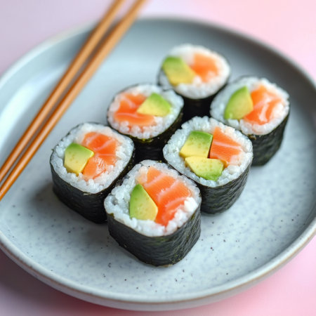 A plate displays beautifully arranged sushi rolls filled with fresh salmon and avocado. The vibrant colors pop against the soft pink background, accompanied by wooden chopsticks.の素材