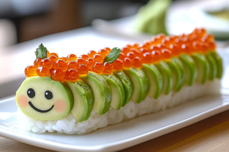 This delightful sushi roll features the shape of a cheerful caterpillar, decorated with salmon roe and fresh avocado. Perfectly crafted for a fun dining experience.の素材