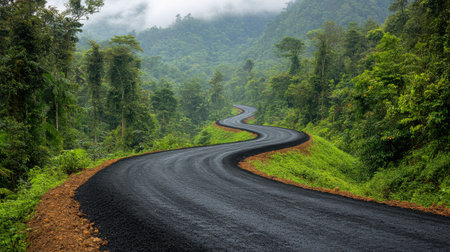 A dirt road curves through a verdant landscape, surrounded by trees and mountains. The sky features dramatic clouds, enhancing the natural beauty.の素材