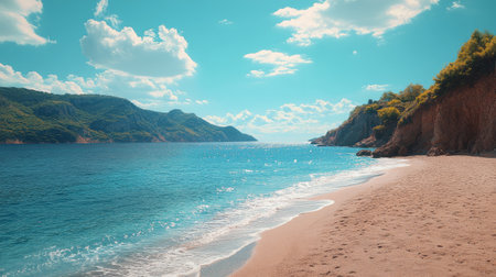 Waves gently lap on the soft sand of a tranquil beach surrounded by lush green hills and bright blue skies. The sun shines down, creating a perfect day for relaxation or exploration.の素材