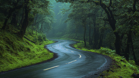 A curving road means through a dense forest, surrounded by vibrant greenery and dappled sunlight. The path invites exploration in a tranquil natural setting during the morning hours.の素材