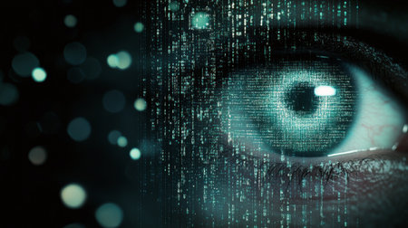 A close up view of an eye displaying colorful digital patterns and glowing elements, suggesting advanced technology.の素材