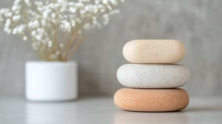 A collection of three decorative stones sits neatly stacked on a clean surface, accompanied by a minimalist vase filled with delicate dried flowers, creating a serene aesthetic.の素材