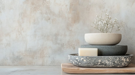 A collection of three decorative stones sits neatly stacked on a clean surface, accompanied by a minimalist vase filled with delicate dried flowers, creating a serene aesthetic.の素材