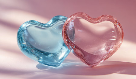 Two heart shaped glass objects sit side by side, one in a soft red and the other in a cool blue. Delicate light casts shadows, enhancing their vibrant colors and smooth shapes.の素材