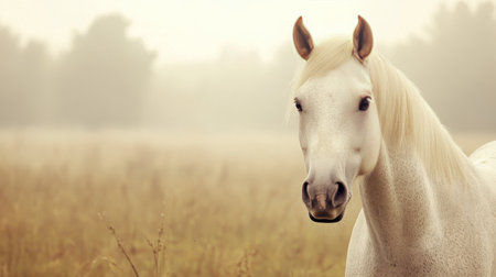 A pure white horse gracefully poses in a tall grass meadow as stormy clouds loom overhead during twilight. The scene captures a moment of tranquility and strength in nature.の素材