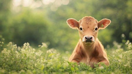 A young calf is peacefully lying in a vibrant green field filled with small white flowers. The warm sunlight enhances the tranquility of the rural setting and highlights the calfs gentle features.の素材