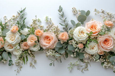 A beautiful arrangement of soft pink and white roses mixed with delicate greenery rests on a smooth, textured backdrop, perfect for conveying elegance and freshness for any occasion.の素材