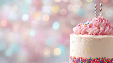 A beautifully decorated cupcake with pink frosting and colorful sprinkles sits on a table. The soft pastel background adds a cheerful and festive atmosphere to the setting.の素材