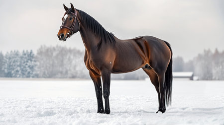 A strong chestnut horse stands proudly in a snowy field, surrounded by softly falling snowflakes and a serene winter landscape. The scene captures the beauty of a quiet, cold afternoon.の素材