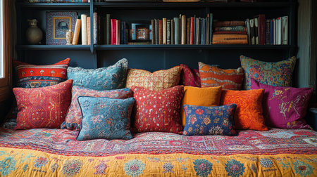 A charming seating area features an array of colorful cushions stacked against a dark shelf lined with books. The textile patterns add warmth and character to the space, inviting relaxation.の素材