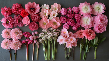 A collection of various pink flowers is displayed on a wooden surface. The arrangement features different species, each contributing to a harmonious blend of shades and textures.の素材