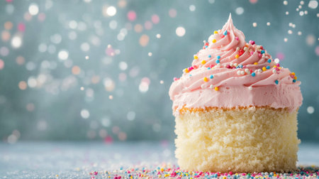 A beautifully decorated cupcake with pink frosting and colorful sprinkles sits on a table. The soft pastel background adds a cheerful and festive atmosphere to the setting.の素材