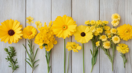 A variety of beautifully arranged flowers in yellow and white are displayed against a rustic wooden backdrop, creating a cheerful and inviting atmosphere in the garden during spring.の素材