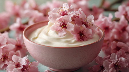 A bowl filled with creamy yogurt sits in the center, surrounded by fresh cherry blossoms. Bright pink petals contrast beautifully with the light blue table, creating an inviting atmosphere.の素材