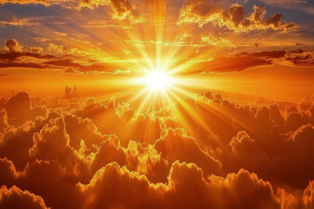 A breathtaking display of golden sunlight radiates across the sky as it sets, casting warm hues over the soft, billowy clouds. The tranquil beauty of the evening sky captivates the viewer.の素材