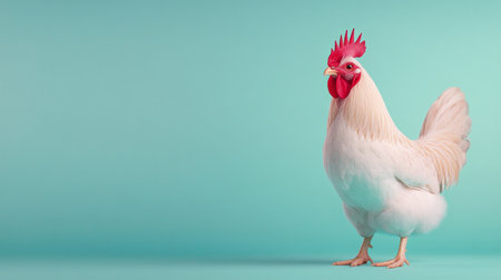 A rooster stands prominently with striking pink and orange plumage, showing its detailed feathers.の素材