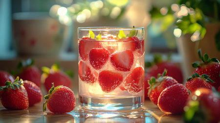 A refreshing strawberry drink sits in a glass, filled with vibrant liquid. Fresh strawberries encircle the glass, showing their rich red color and leafy greens, creating an inviting display.の素材