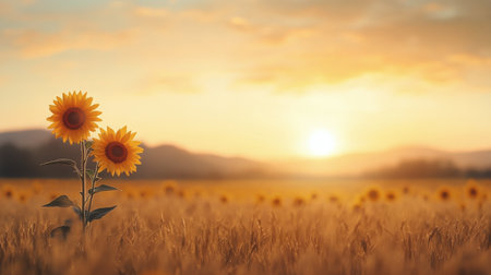 A bright sunflower showcases its golden petals in a sunny field filled with similar blooms. The warm sunlight creates a soft glow around the flowers, enhancing the peaceful summer atmosphere.の素材