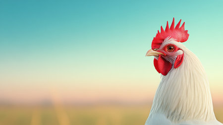 A rooster stands prominently with striking pink and orange plumage, showing its detailed feathers.の素材