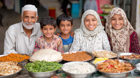A smiling family shares a joyful moment surrounded by a variety of delicious traditional dishes. This gathering showcases community spirit and cultural heritage in a lively market atmosphere.の素材