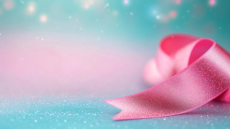 A soft pink ribbon is elegantly tied into a bow, resting on a smooth blue background. This setup creates a serene and inviting atmosphere, perfect for celebrations or special occasions.の素材