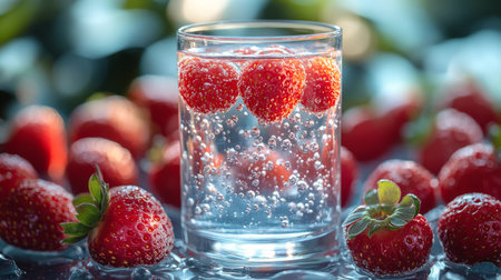 A refreshing strawberry drink sits in a glass, filled with vibrant liquid. Fresh strawberries encircle the glass, showing their rich red color and leafy greens, creating an inviting display.の素材