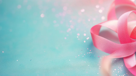A soft pink ribbon is elegantly tied into a bow, resting on a smooth blue background. This setup creates a serene and inviting atmosphere, perfect for celebrations or special occasions.の素材