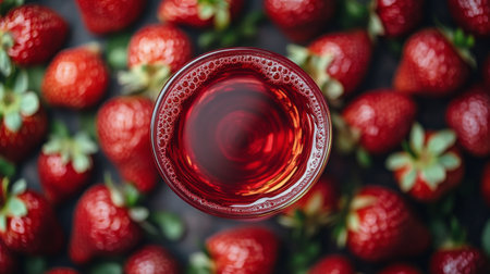A refreshing strawberry drink sits in a glass, filled with vibrant liquid. Fresh strawberries encircle the glass, showing their rich red color and leafy greens, creating an inviting display.の素材