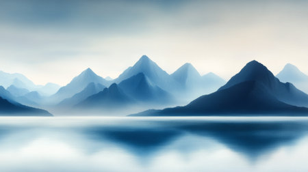 A serene lake reflects the silhouettes of misty mountains at dawn, creating a calm atmosphere. The soft colors and fog enhance the peacefulness of this natural landscape.の素材
