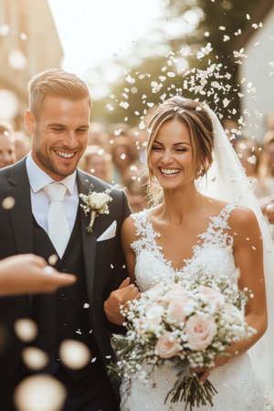 The newlywed couple smiles brightly, surrounded by friends and family, as petals fall around them in celebration. The atmosphere is filled with joy and love on their special day.の素材