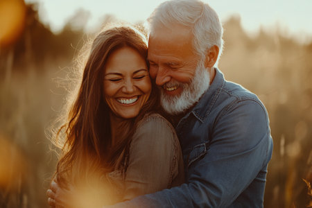 A couple of seniors share a loving embrace, smiling widely as they enjoy each others company. The warm glow of the sunset creates a beautiful atmosphere in the lush park setting.の素材
