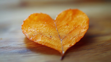 A vibrant green leaf in the shape of a heart lies on weathered wooden planks. The details of the leafs veins are clearly visible under soft, natural light.の素材