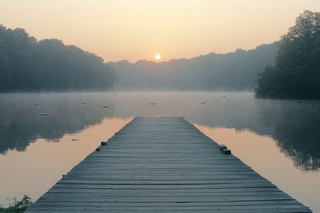 A beautiful early morning sunrise casts golden light over a tranquil lake. A wooden pier extends into the water, shrouded in mist, while autumn leaves float peacefully on the surface.の素材